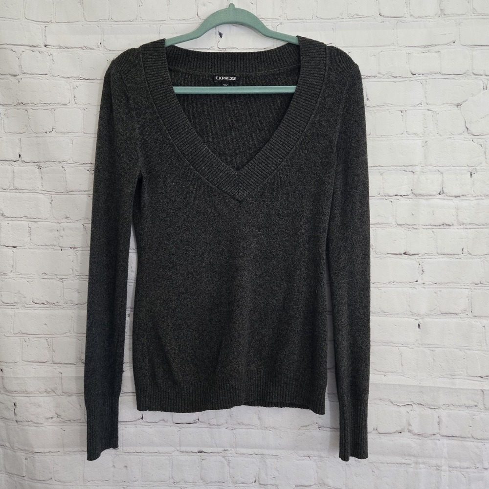Express deep V Neck Long Sleeve Sweater sz M Cotton Blend Ribbed Y2K slim fit